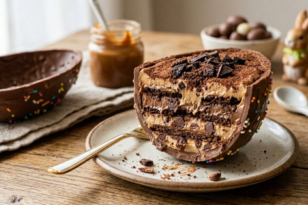 Huevo de Pascua partido al medio, mostrando su interior relleno de chocotorta, sobre una mesa.